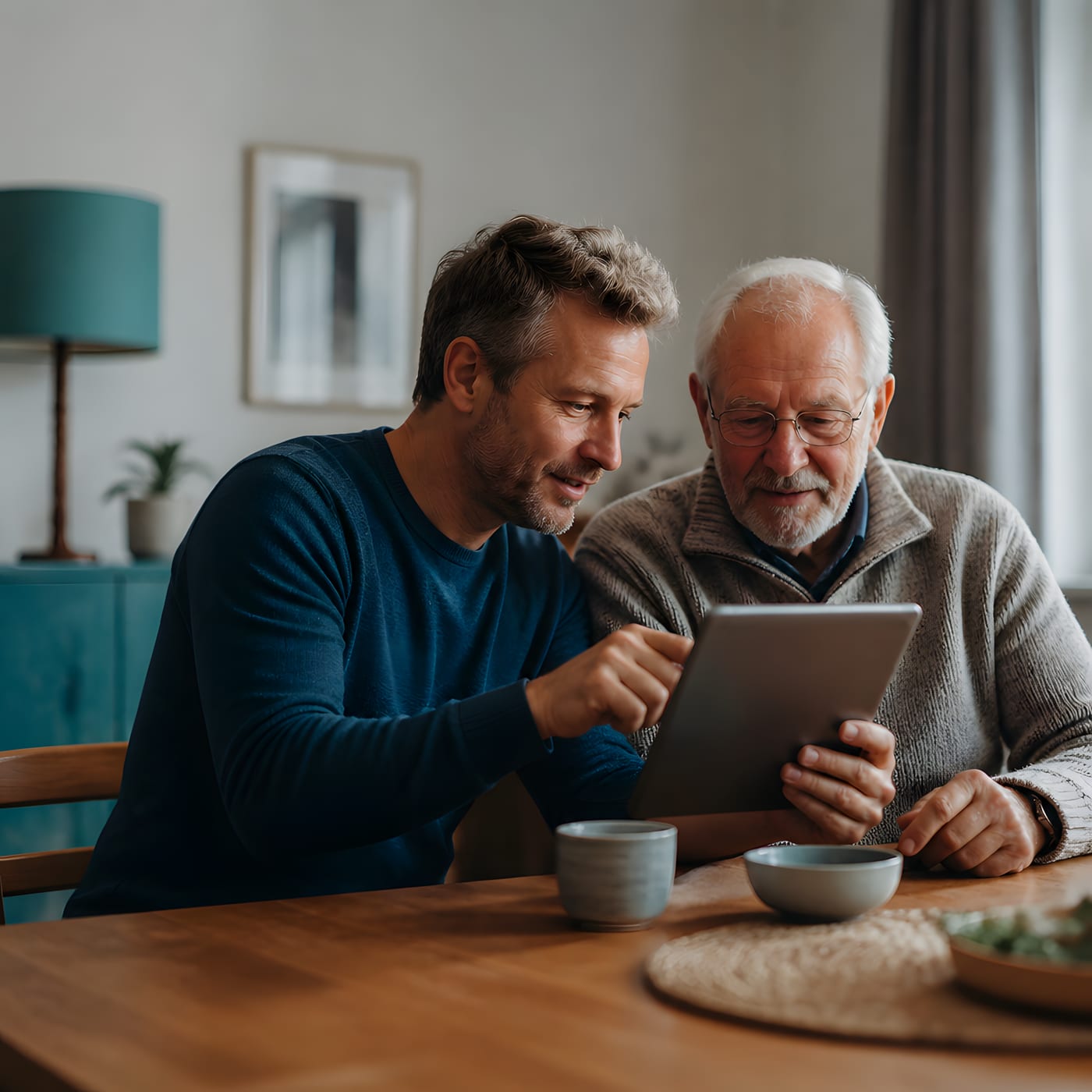 Erwachsener Sohn zeigt seinem Vater etwas auf dem Tablet