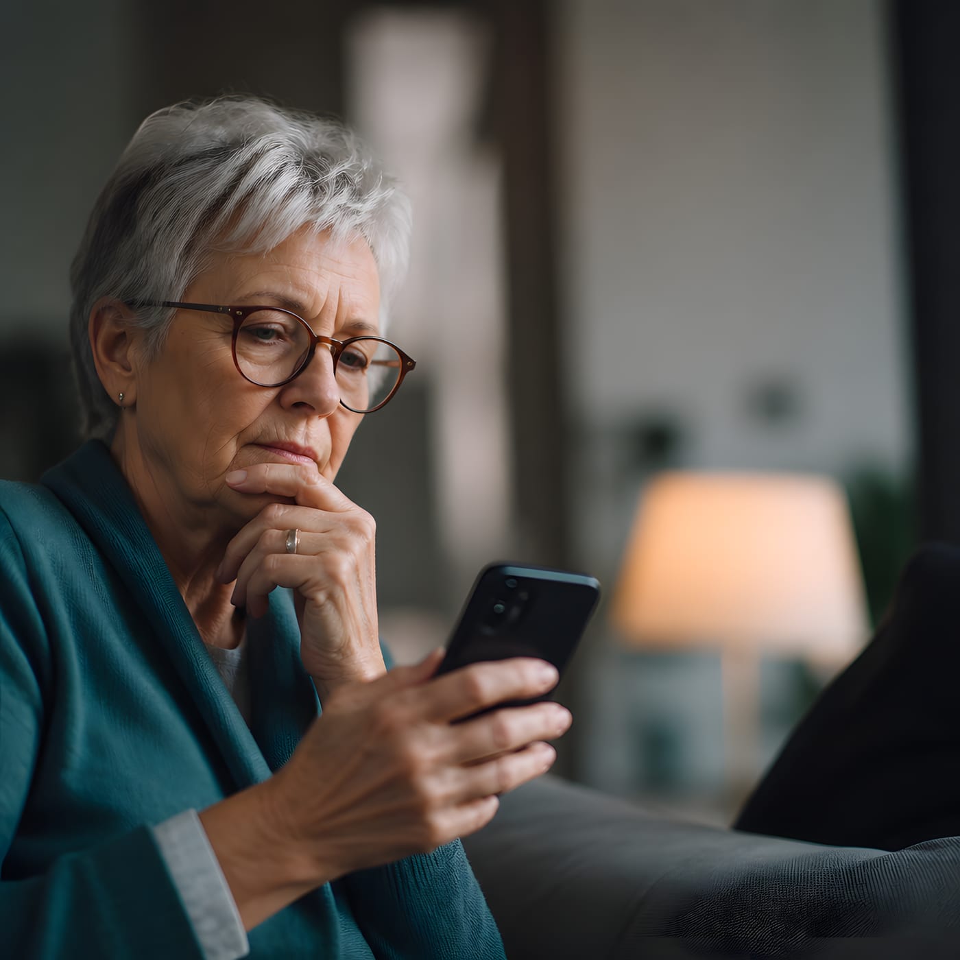 Ältere Frau prüft aufmerksam eine Nachricht auf ihrem Smartphone